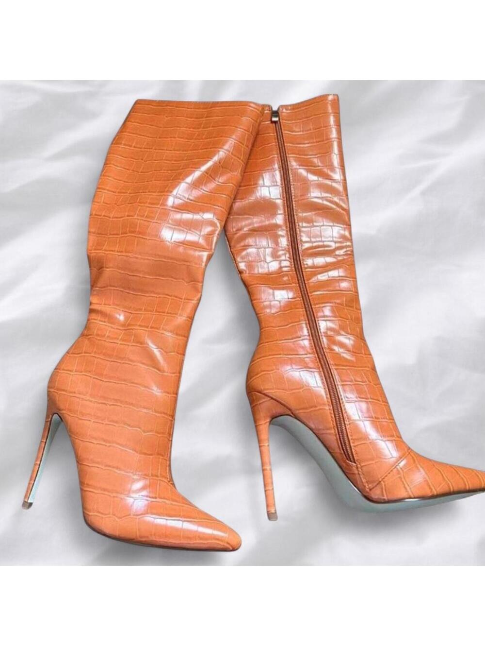 Brown croc embossed knee high stiletto boots pointed toe + zipper back.